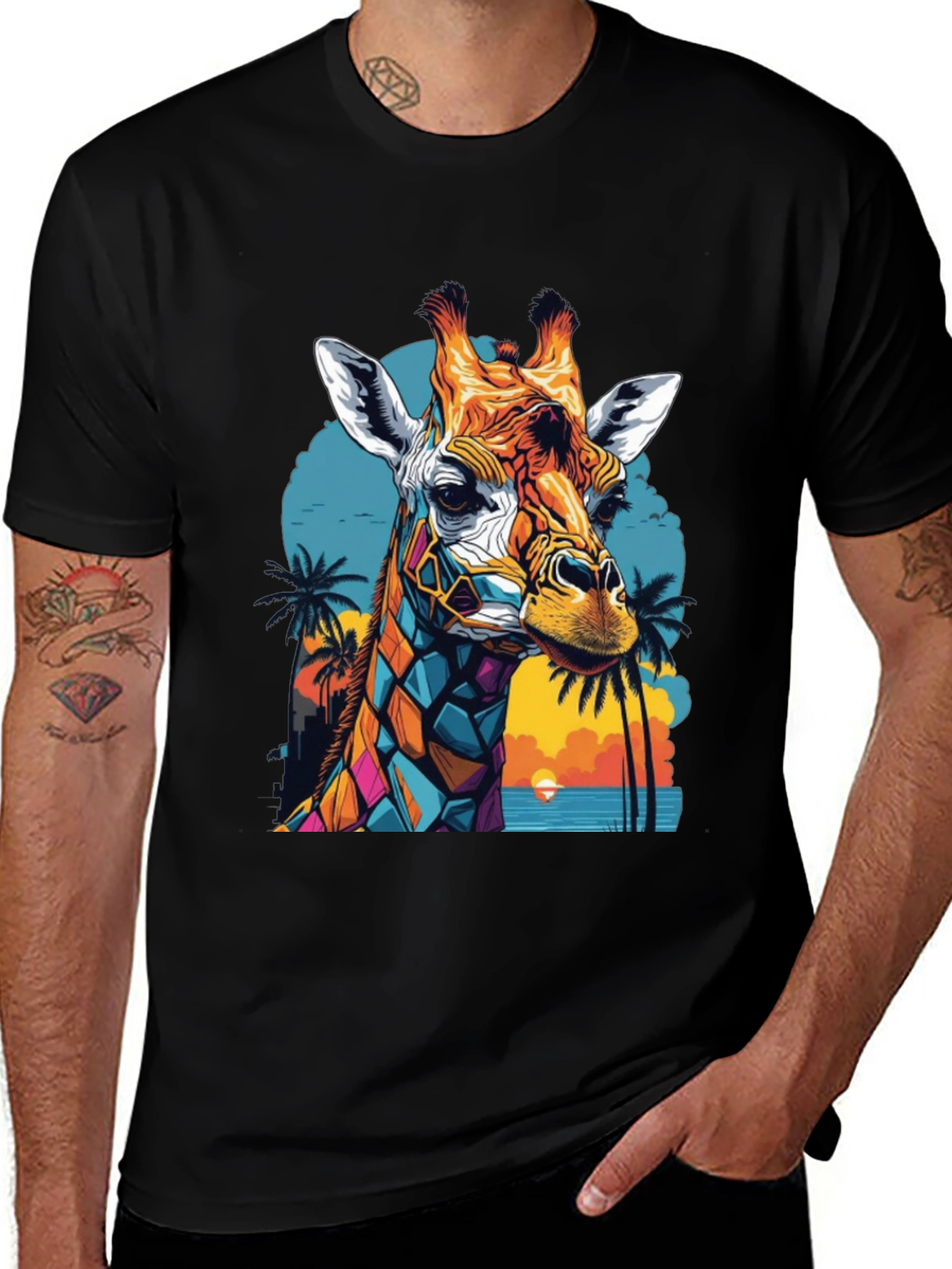 Geometric Giraffe Graphic Tee - Tropical Sunset Design