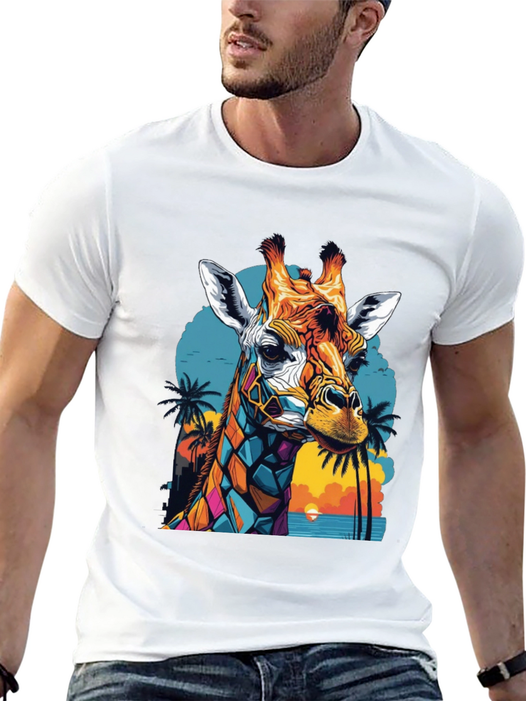 Geometric Giraffe Graphic Tee - Tropical Sunset Design