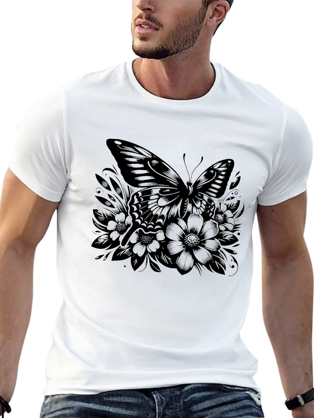 Butterfly Floral Graphic Black T-Shirt