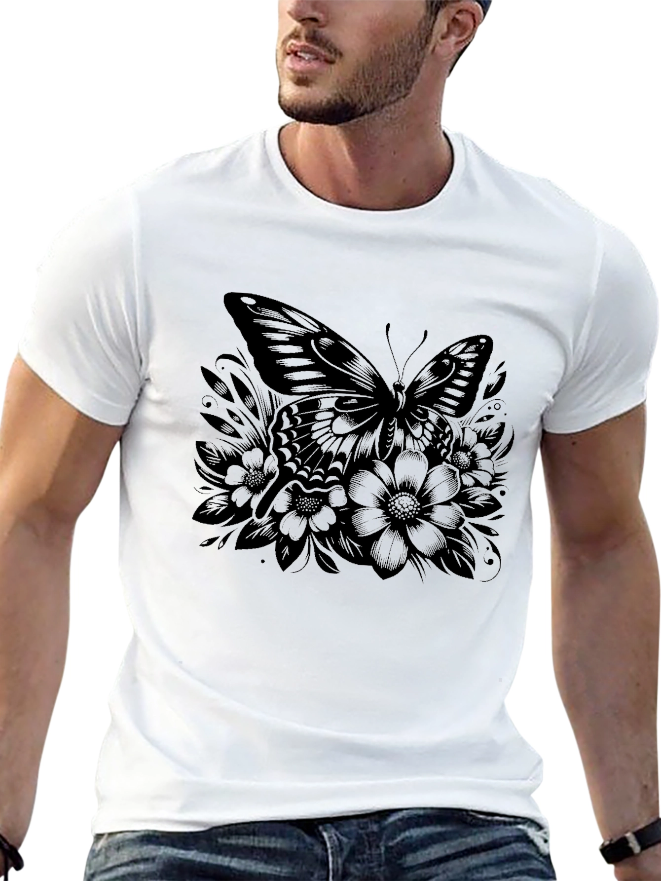 Butterfly Floral Graphic Black T-Shirt