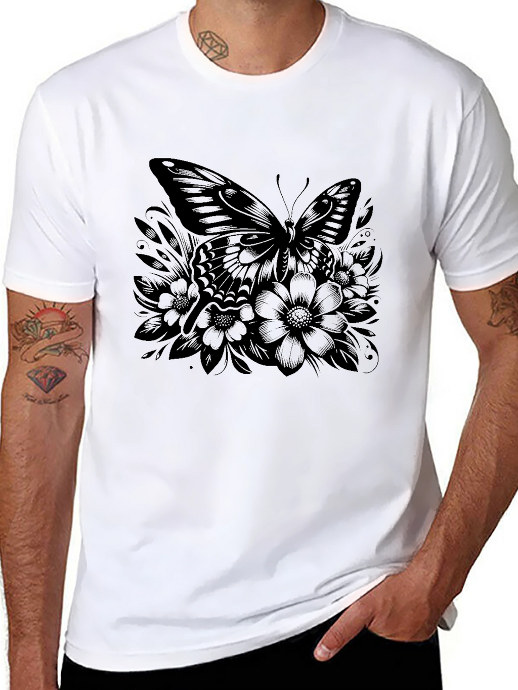 Butterfly Floral Graphic Black T-Shirt