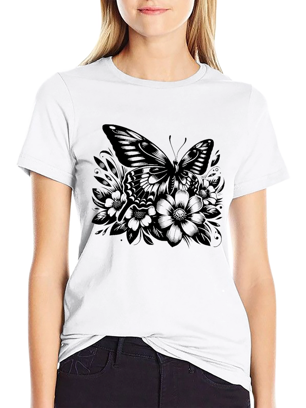 Butterfly Floral Graphic Black T-Shirt