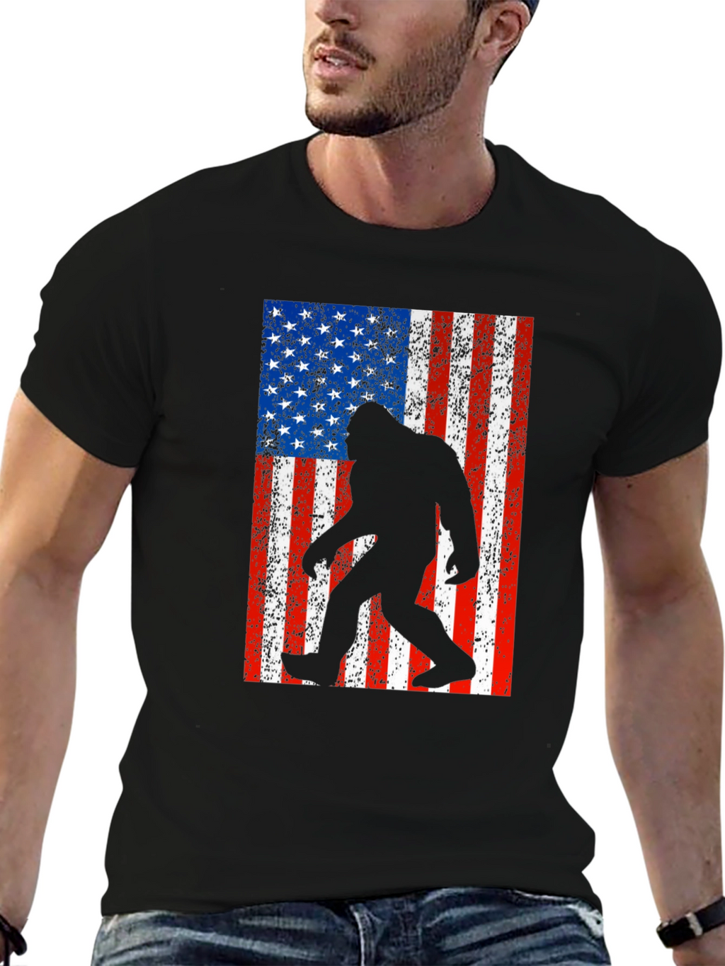 Sasquatch USA Flag Black T-Shirt