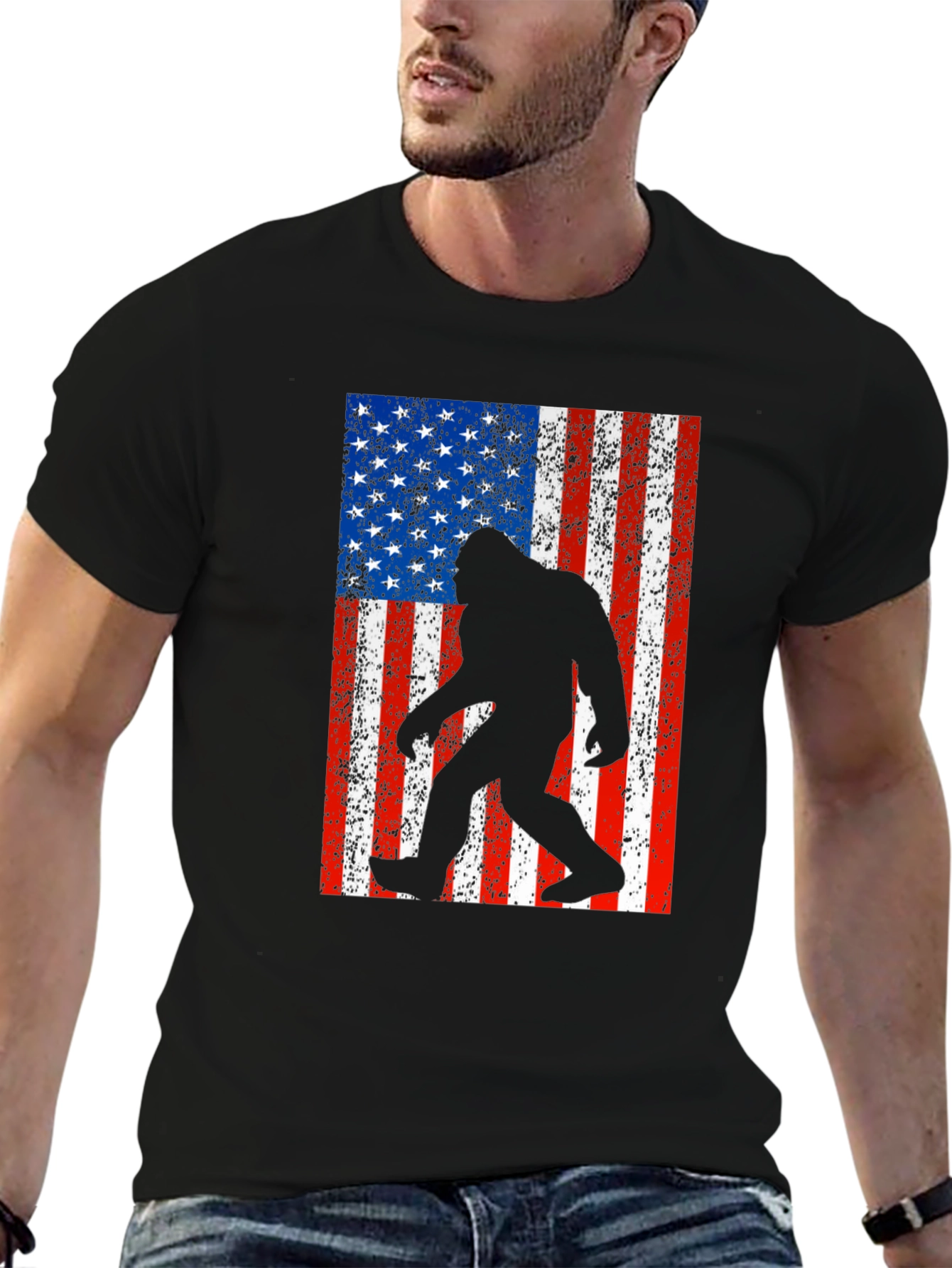 Sasquatch USA Flag Black T-Shirt