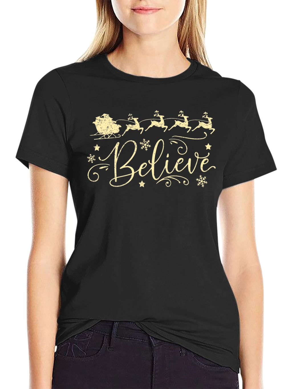 Believe Christmas T-Shirt Reindeer Santa Sleigh Holiday Tee