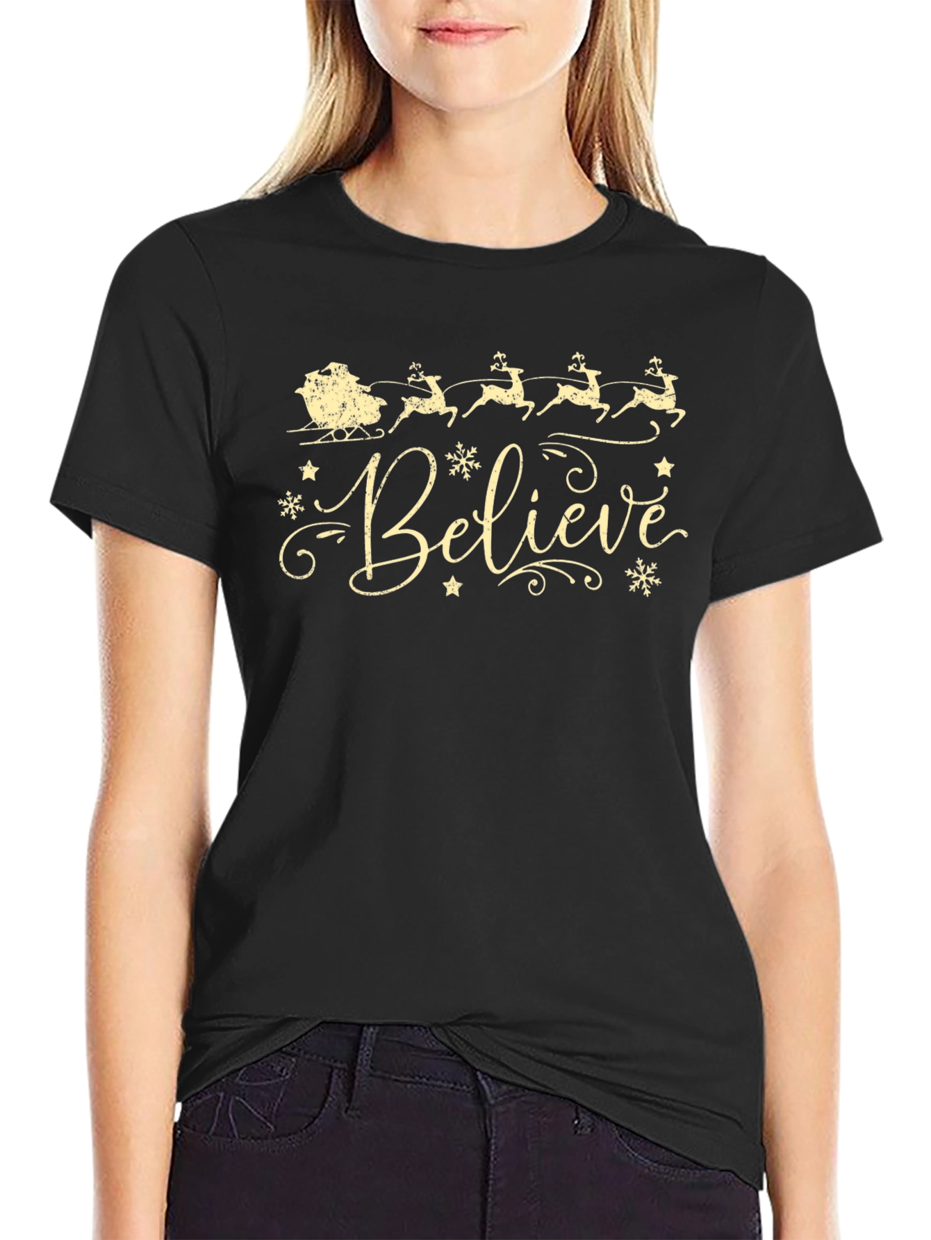 Believe Christmas T-Shirt Reindeer Santa Sleigh Holiday Tee
