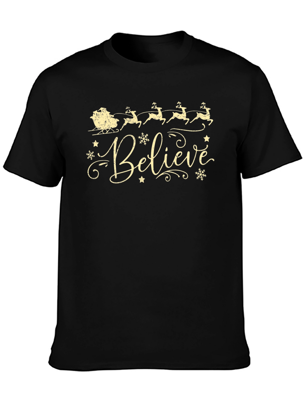 Believe Christmas T-Shirt Reindeer Santa Sleigh Holiday Tee