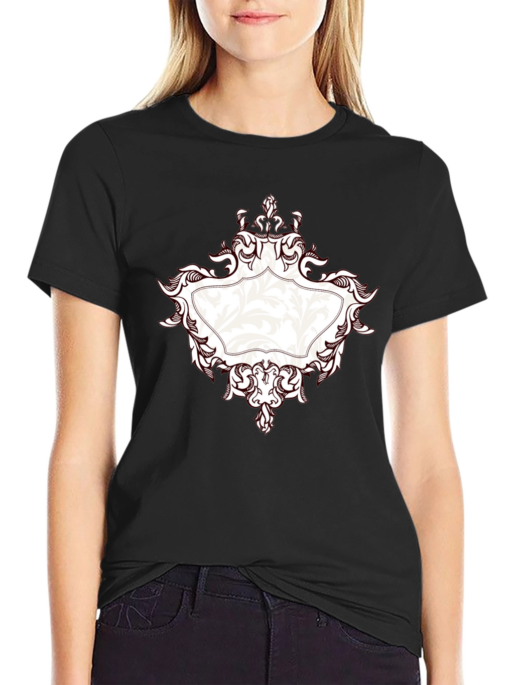 Elegant Black T-Shirt with Ornate Frame Design