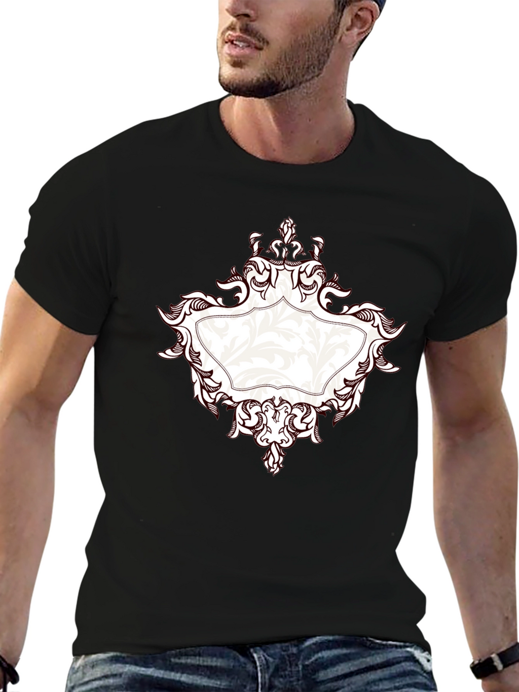 Elegant Black T-Shirt with Ornate Frame Design