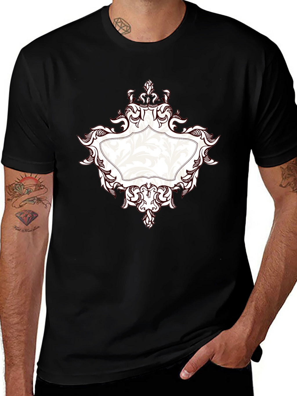 Elegant Black T-Shirt with Ornate Frame Design