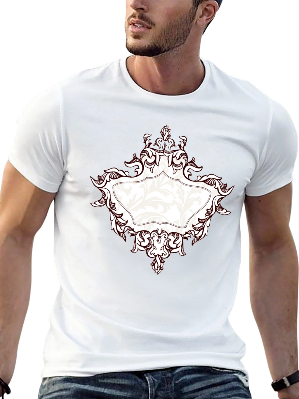 Elegant Black T-Shirt with Ornate Frame Design