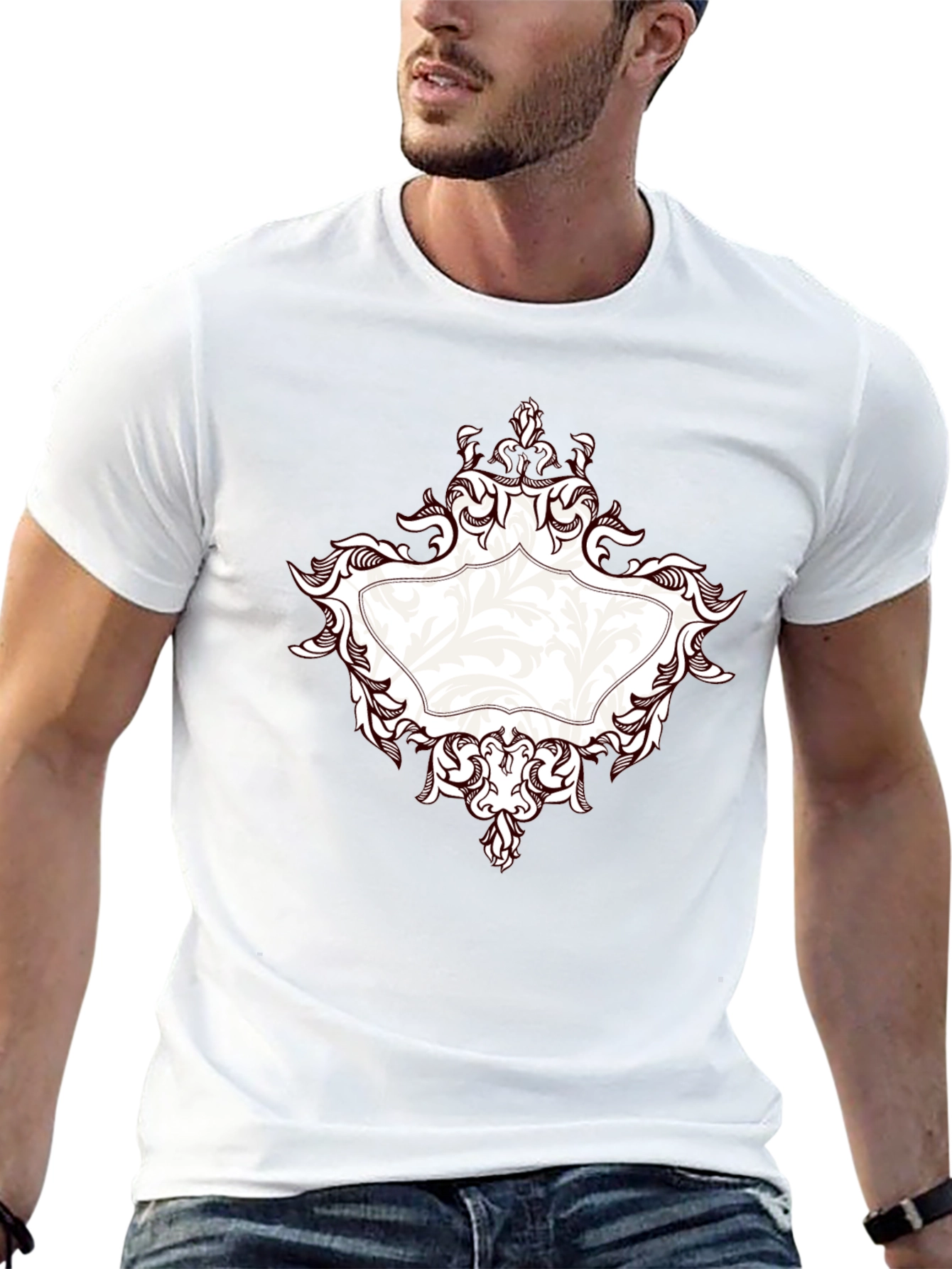 Elegant Black T-Shirt with Ornate Frame Design