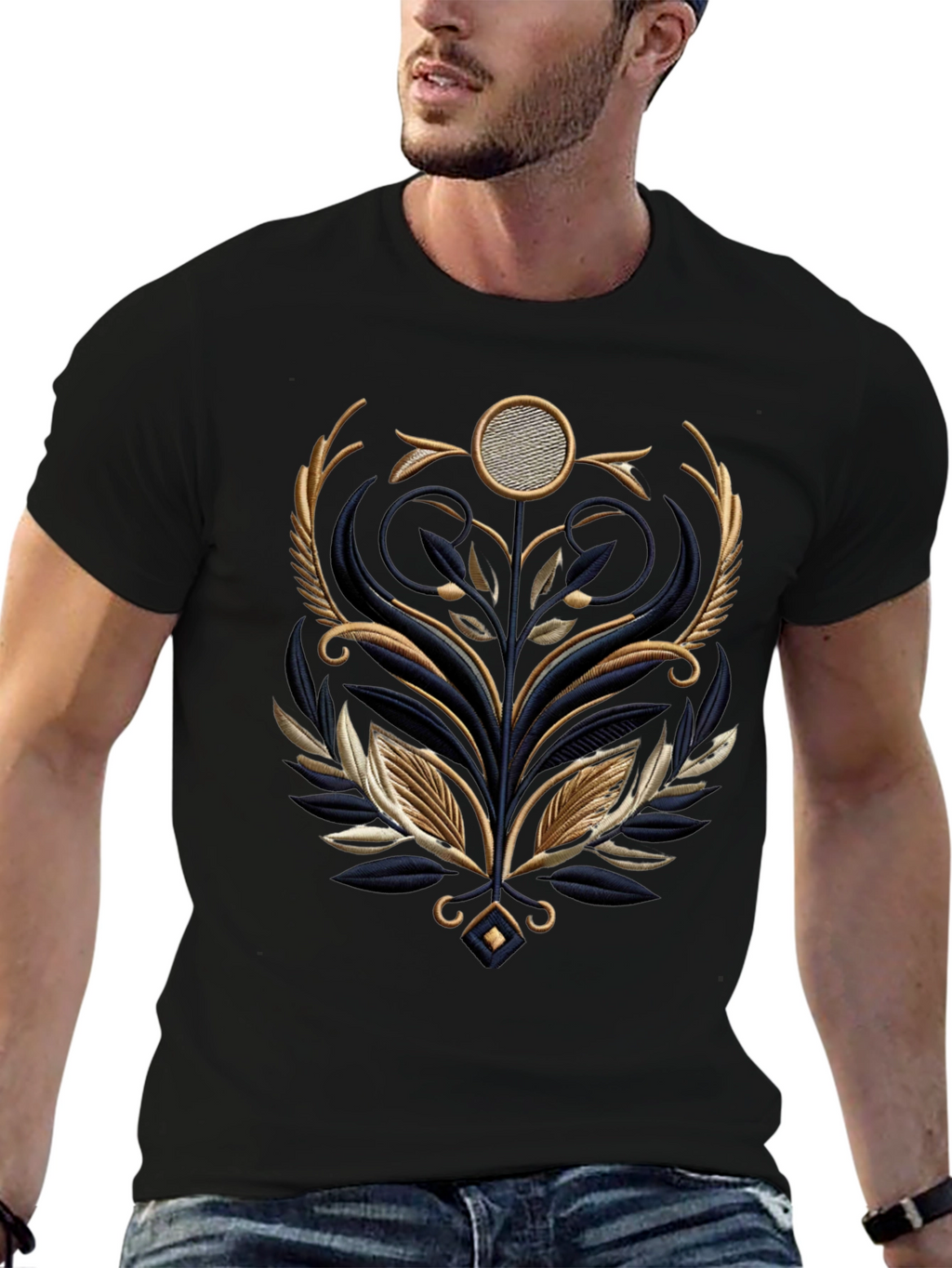 Elegant Embroidered Floral Graphic Tee - Black