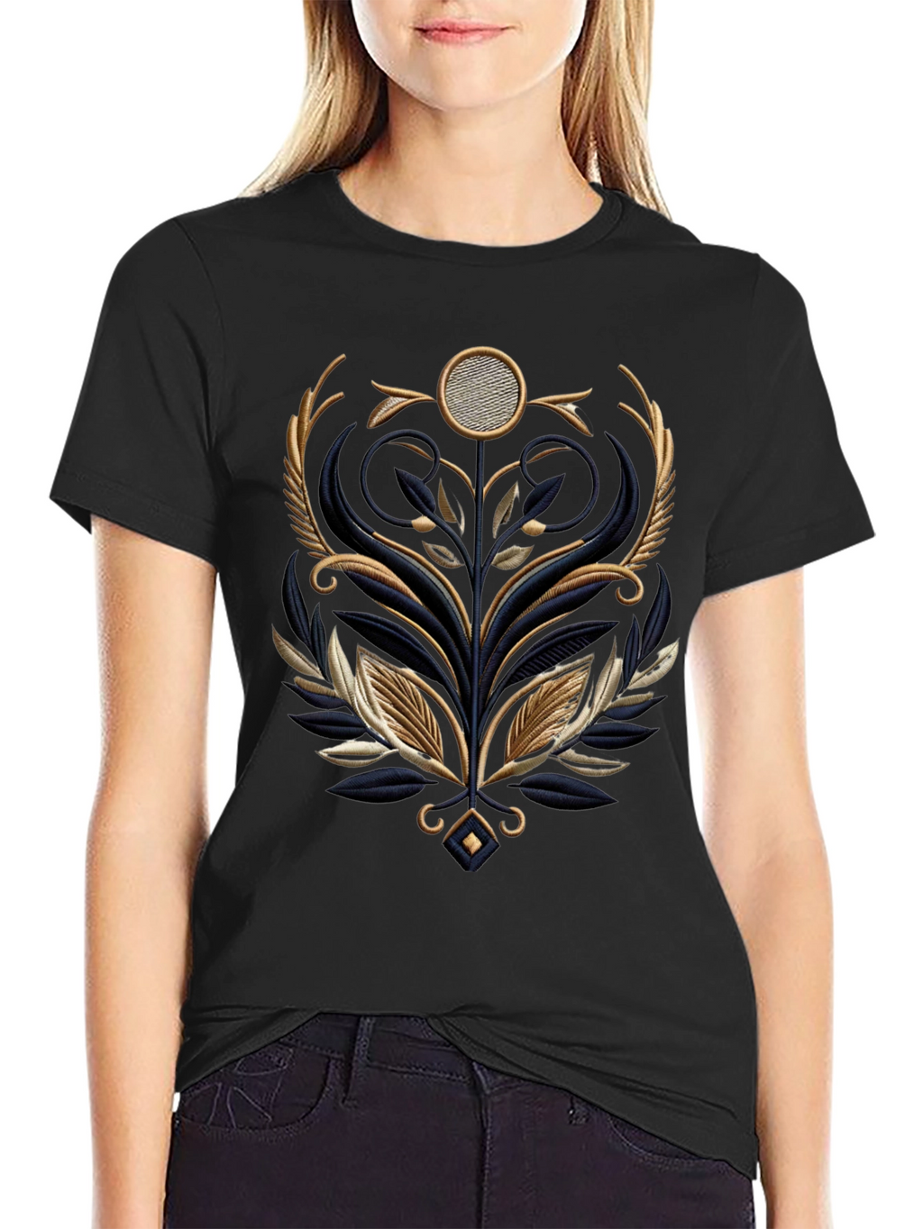 Elegant Embroidered Floral Graphic Tee - Black