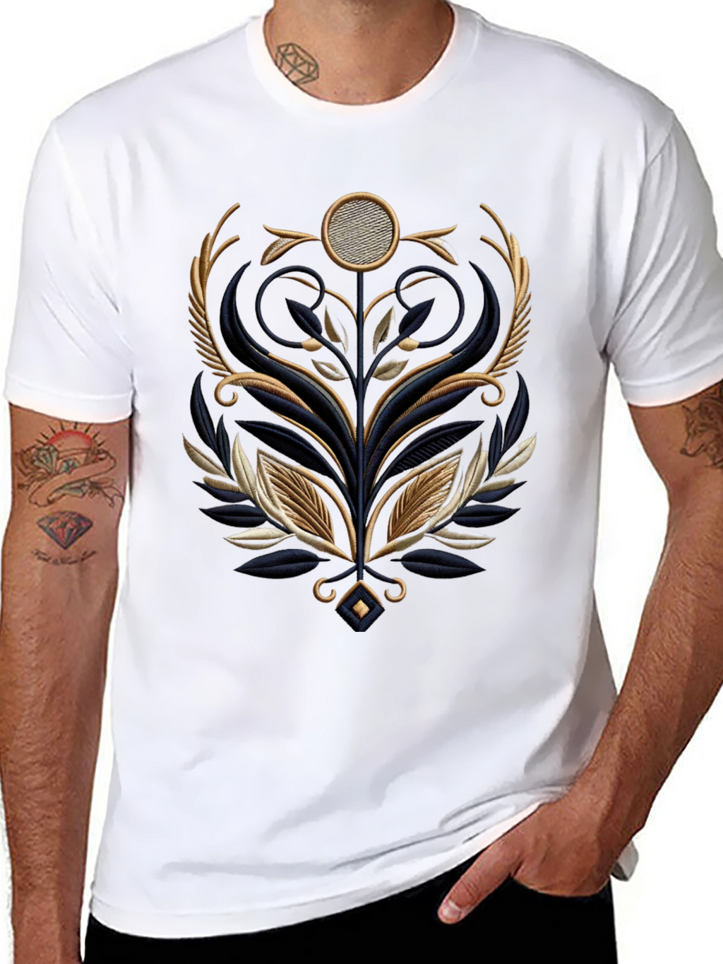Elegant Embroidered Floral Graphic Tee - Black