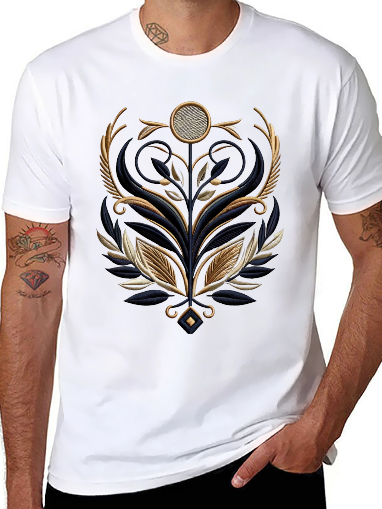 Elegant Embroidered Floral Graphic Tee - Black