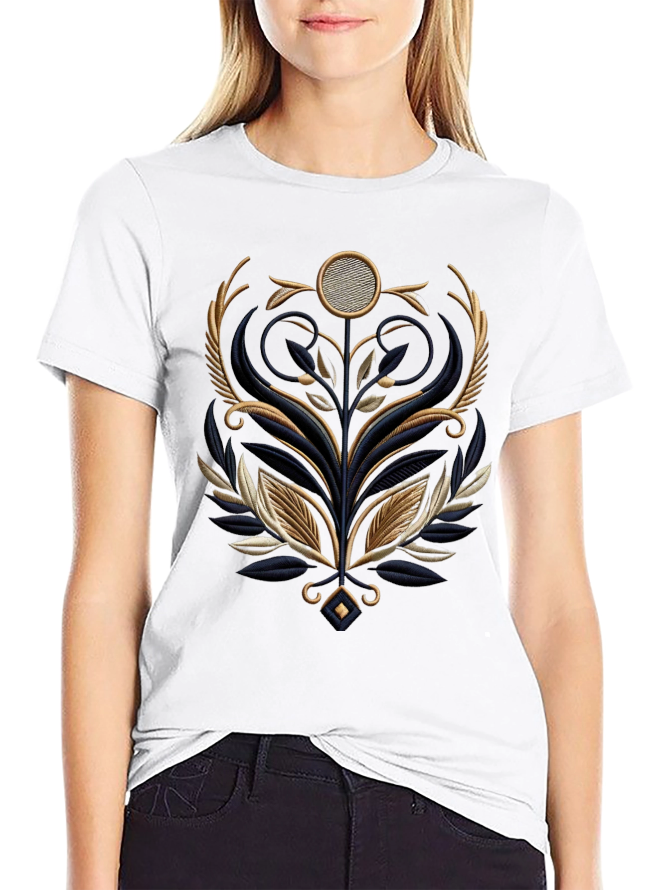 Elegant Embroidered Floral Graphic Tee - Black