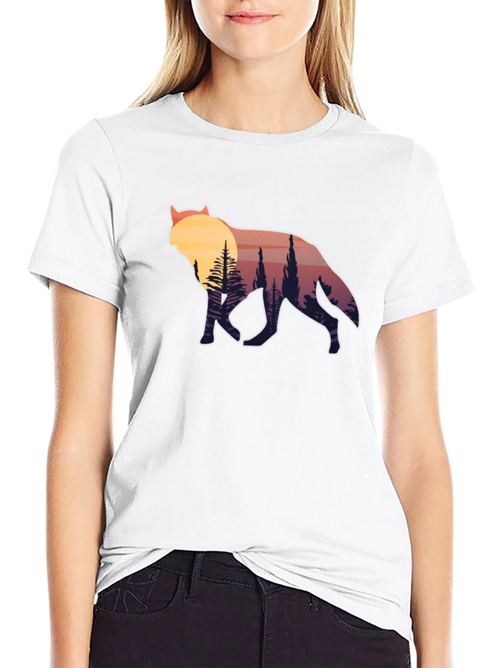 Wolf Silhouette Graphic Tee - Sunset Forest Design
