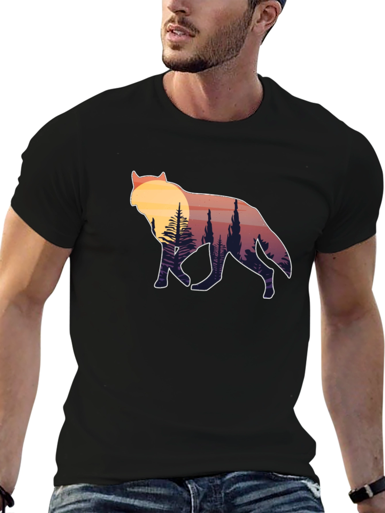 Wolf Silhouette Graphic Tee - Sunset Forest Design