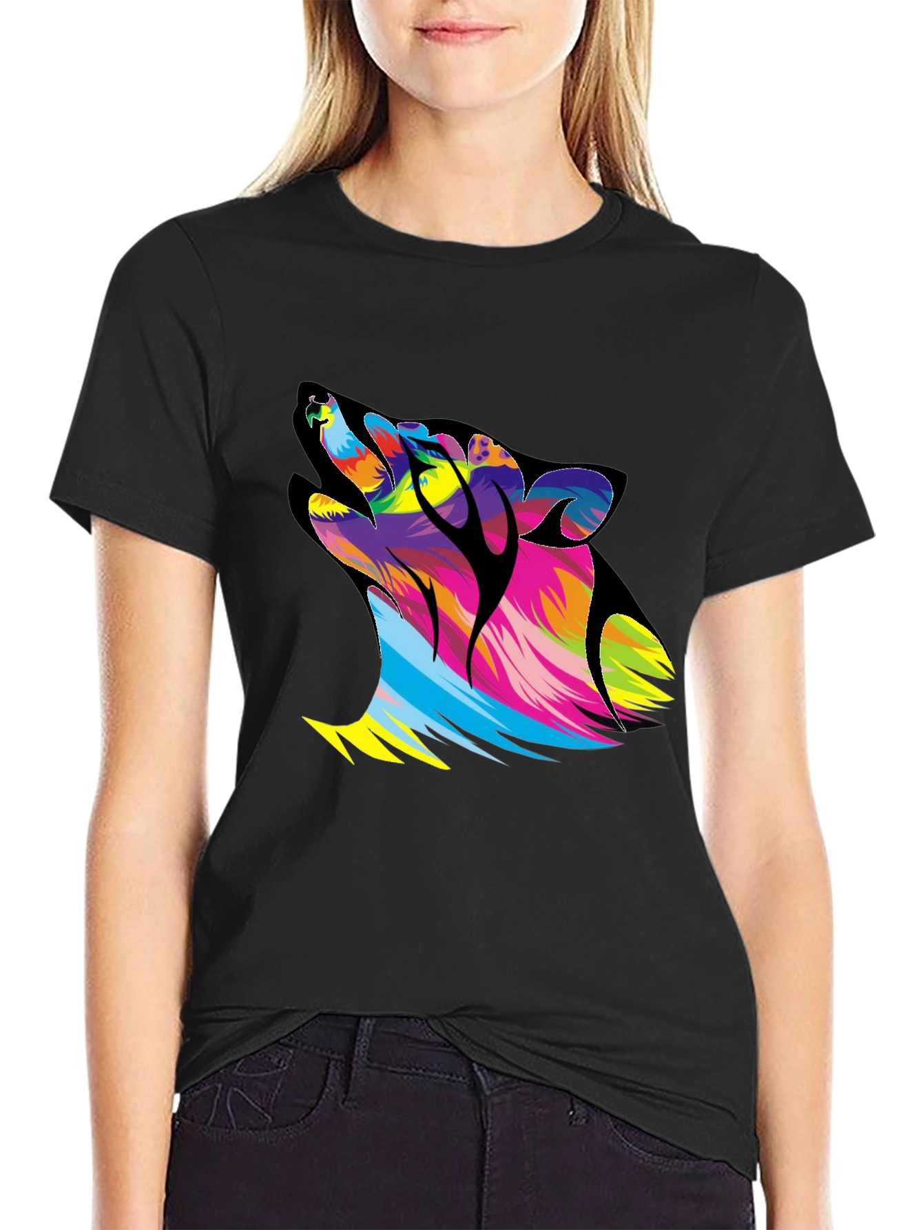 Colorful Howling Wolf Graphic T-Shirt - Black