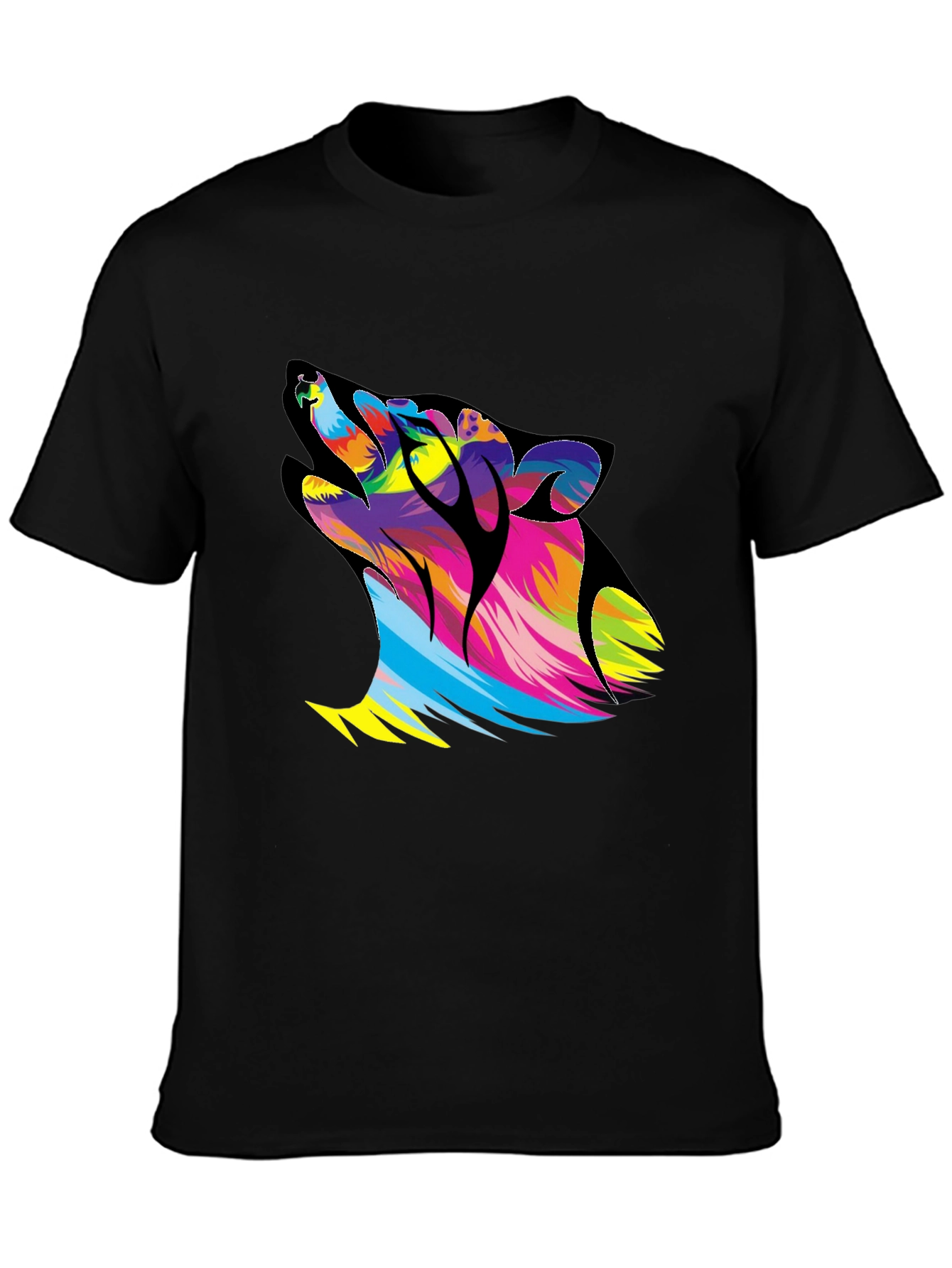 Colorful Howling Wolf Graphic T-Shirt - Black