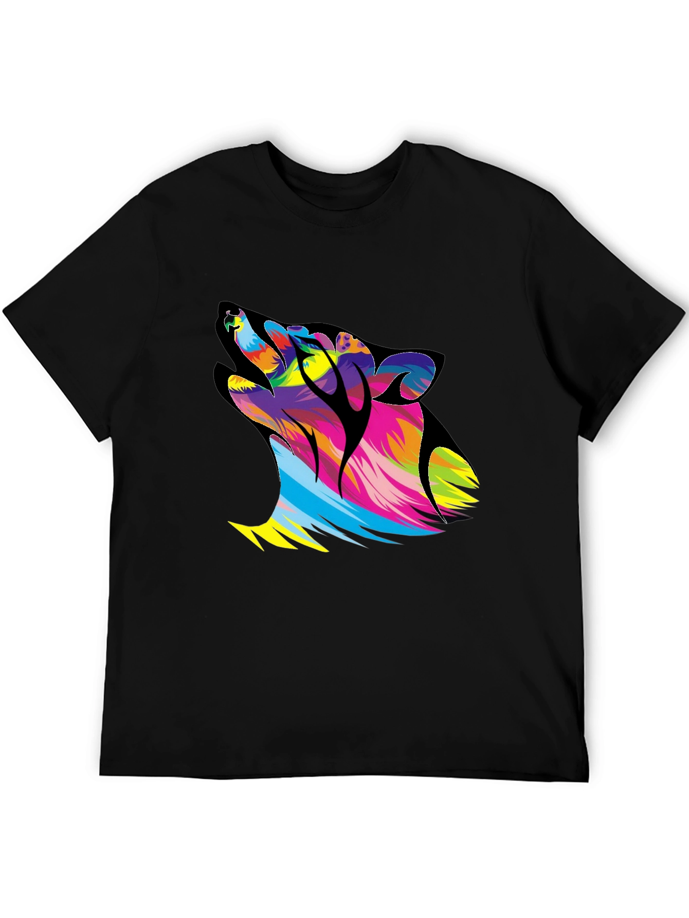 Colorful Howling Wolf Graphic T-Shirt - Black