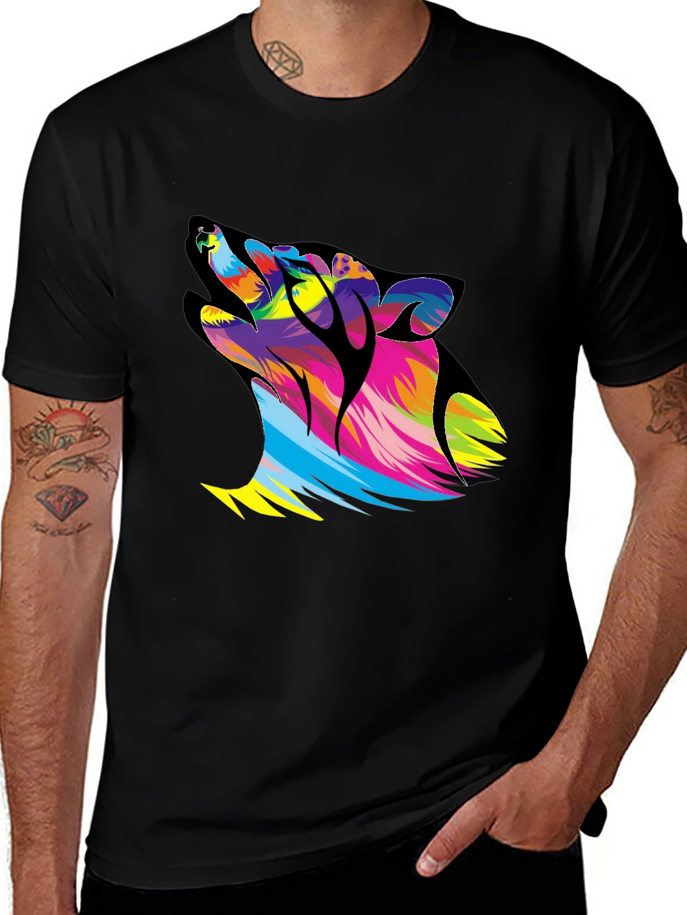 Colorful Howling Wolf Graphic T-Shirt - Black