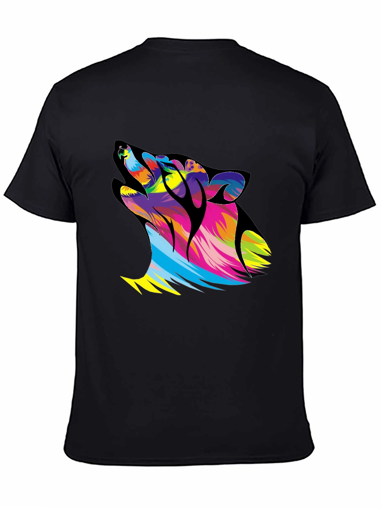 Colorful Howling Wolf Graphic T-Shirt - Black