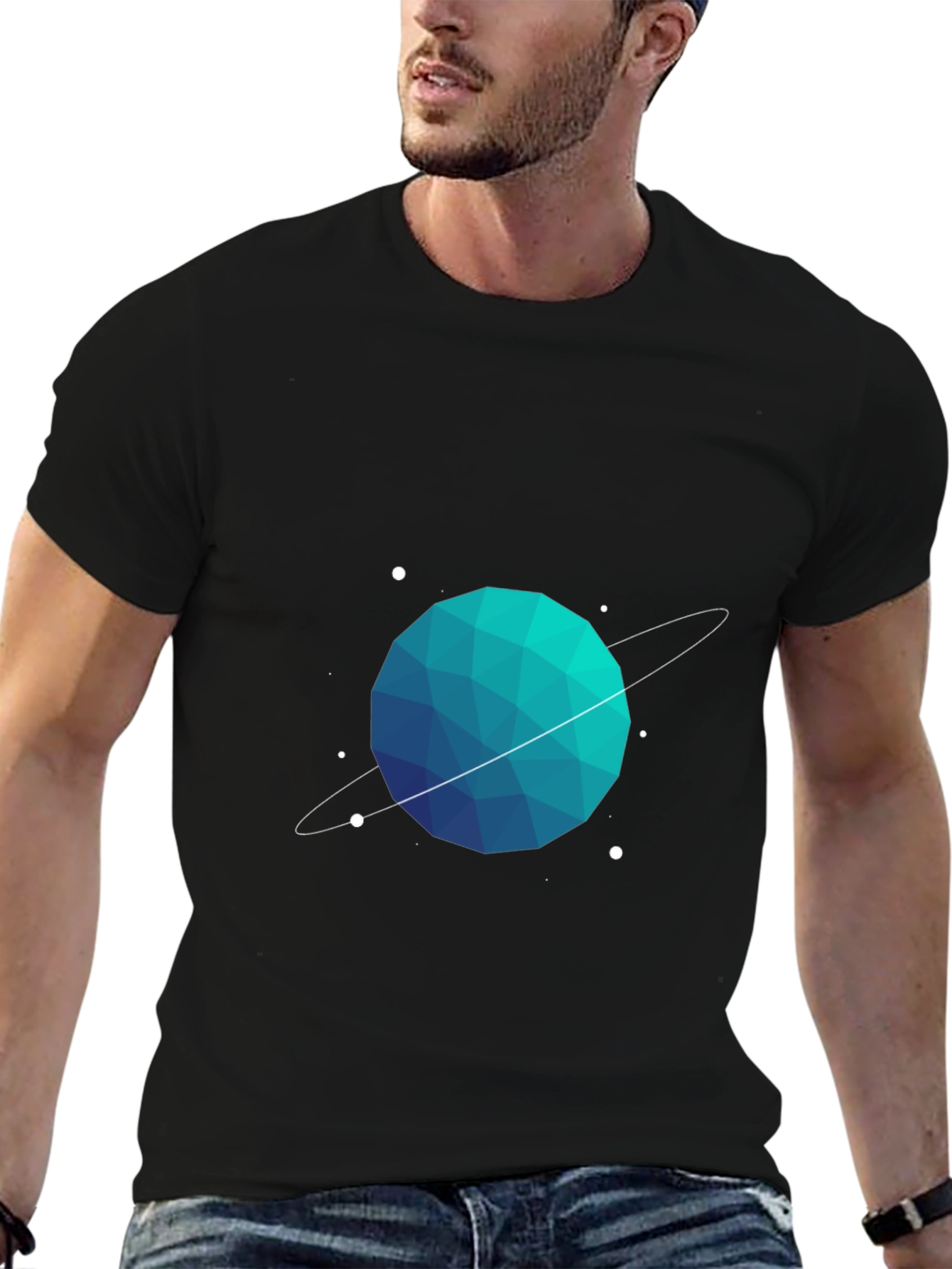 Geometric Planet Graphic Tee - Black Cotton Blend