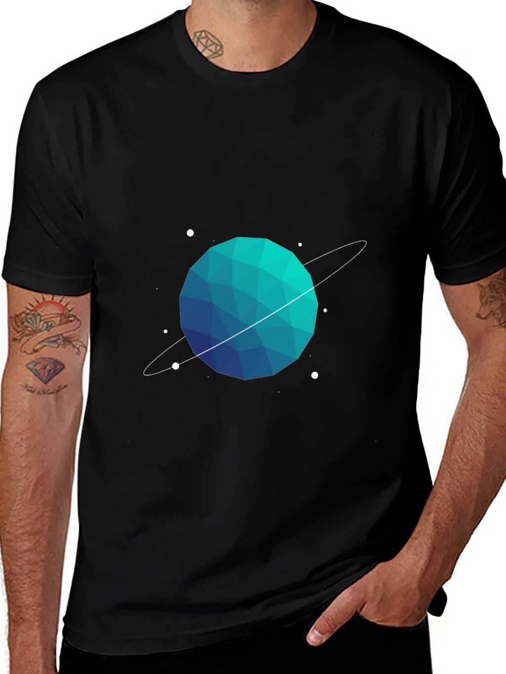 Geometric Planet Graphic Tee - Black Cotton Blend