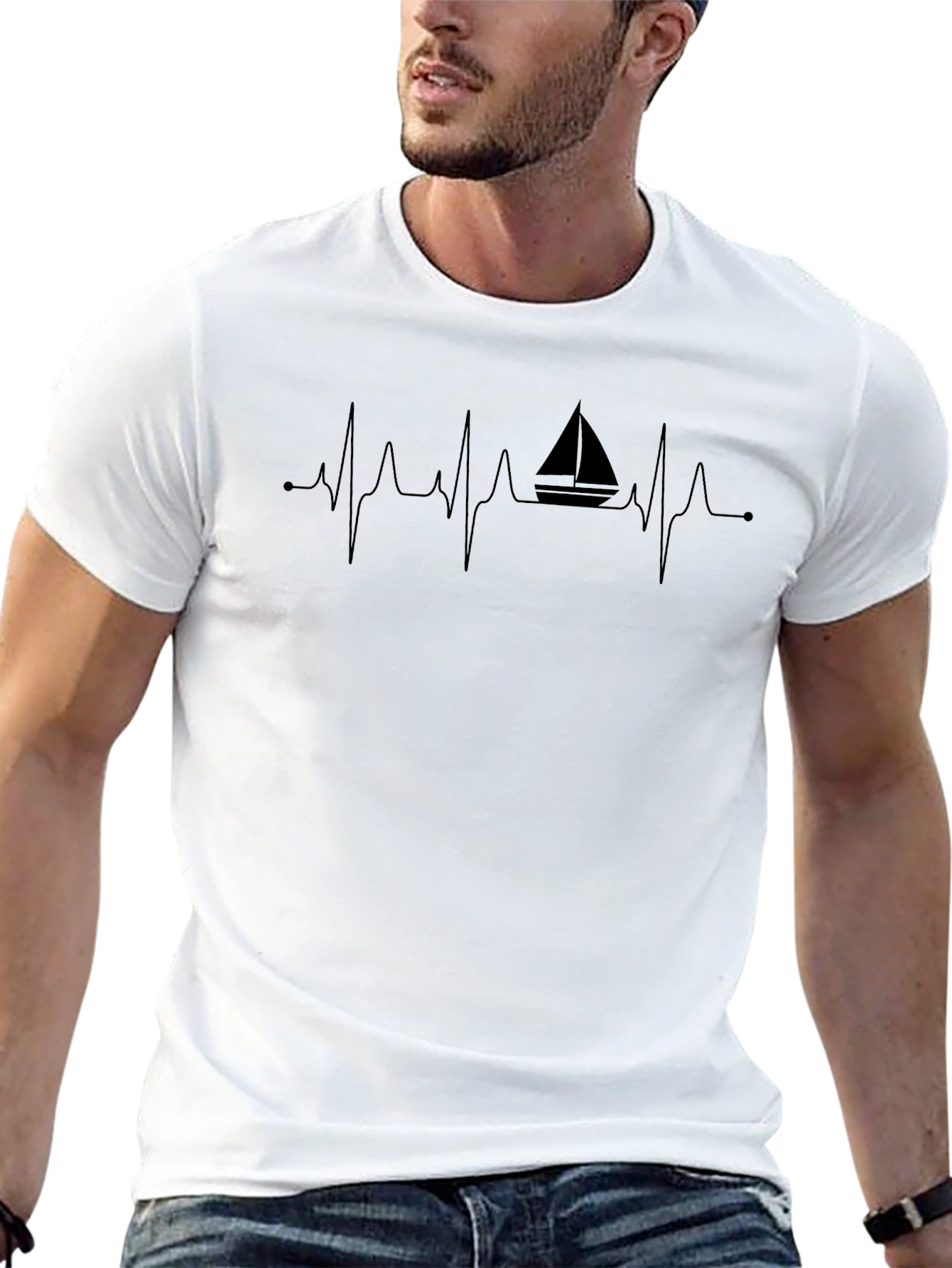 Sailboat Heartbeat Mens Black T-Shirt