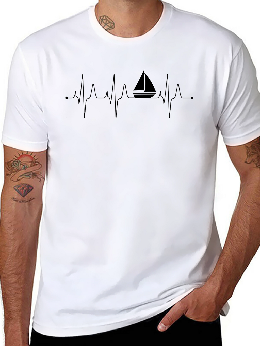 Sailboat Heartbeat Mens Black T-Shirt