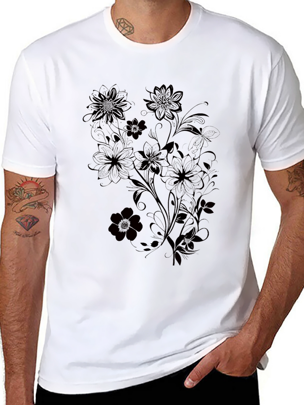 Mens Black Floral Graphic T-Shirt
