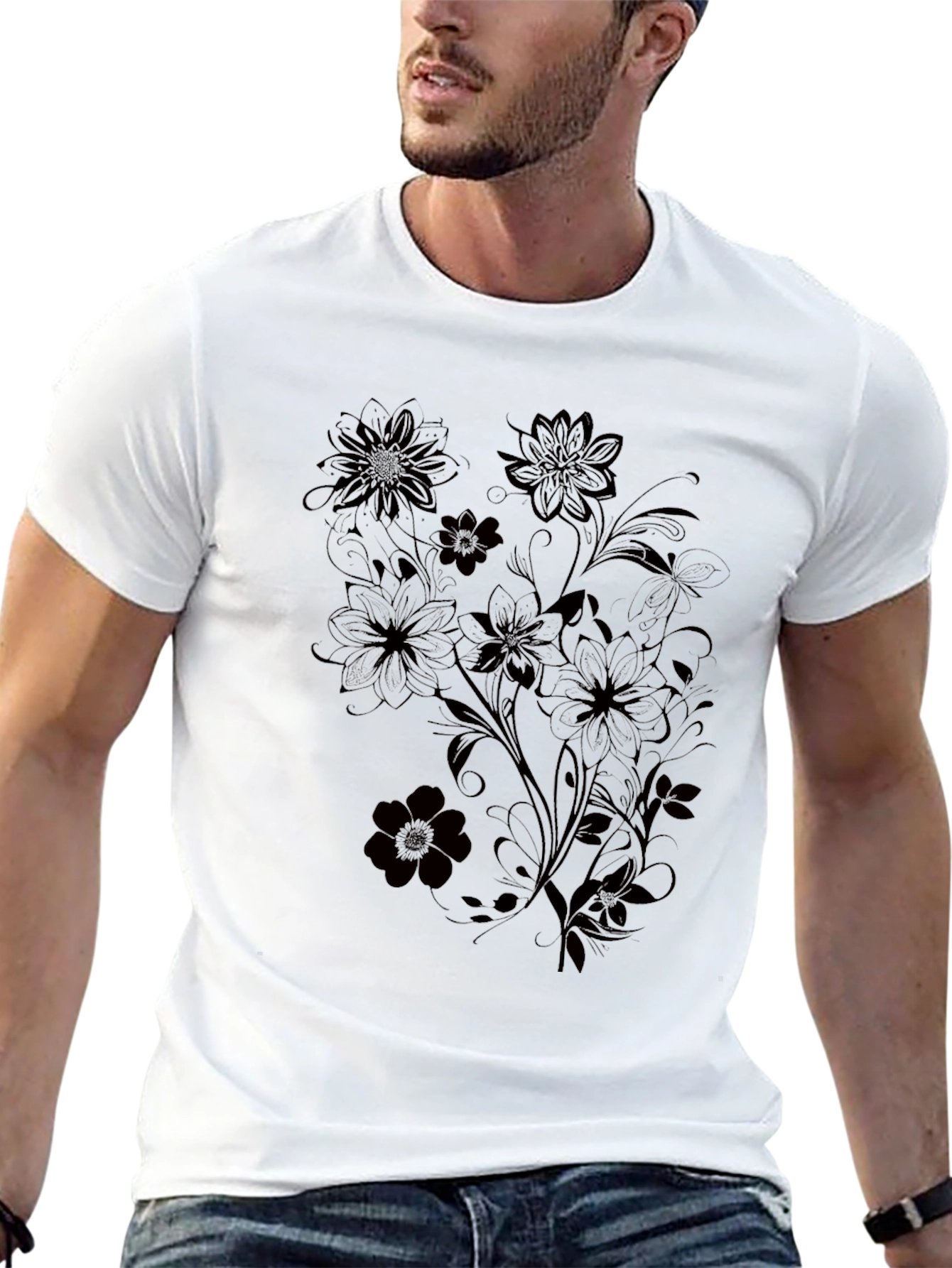 Mens Black Floral Graphic T-Shirt