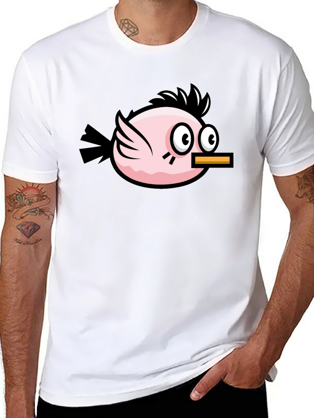 Funny Pink Bird Graphic Tee - Black Cotton T-Shirt