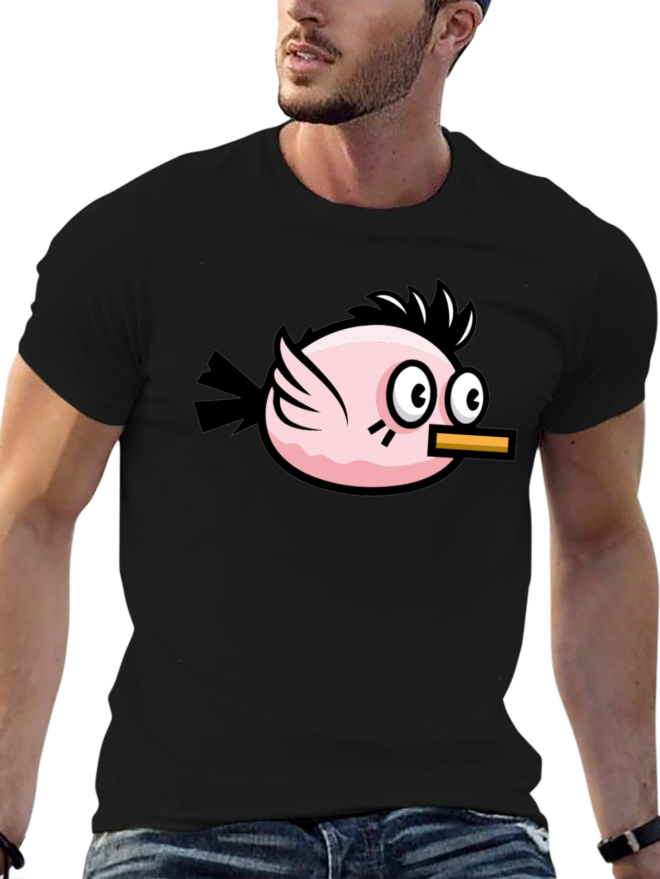 Funny Pink Bird Graphic Tee - Black Cotton T-Shirt