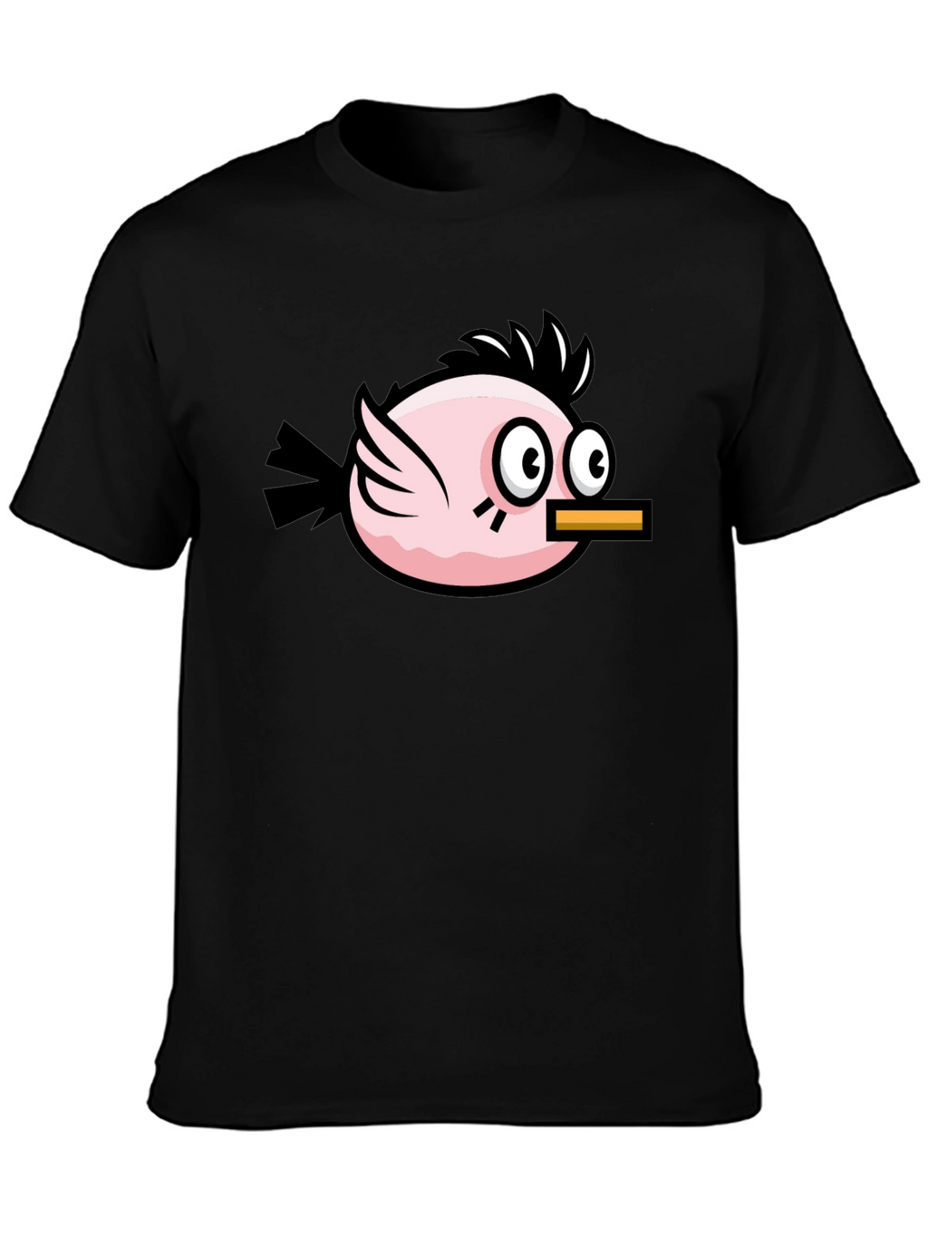 Funny Pink Bird Graphic Tee - Black Cotton T-Shirt