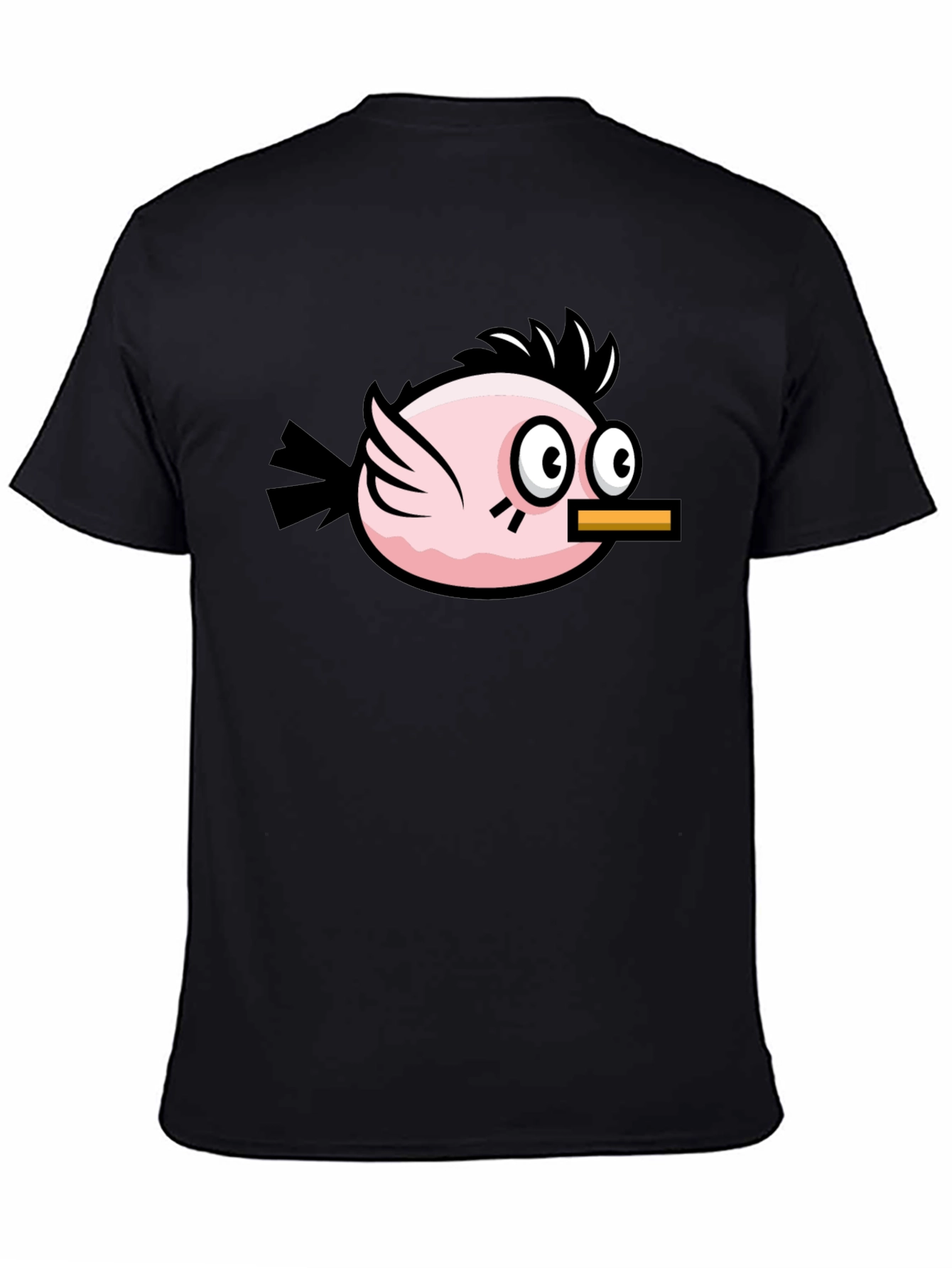 Funny Pink Bird Graphic Tee - Black Cotton T-Shirt