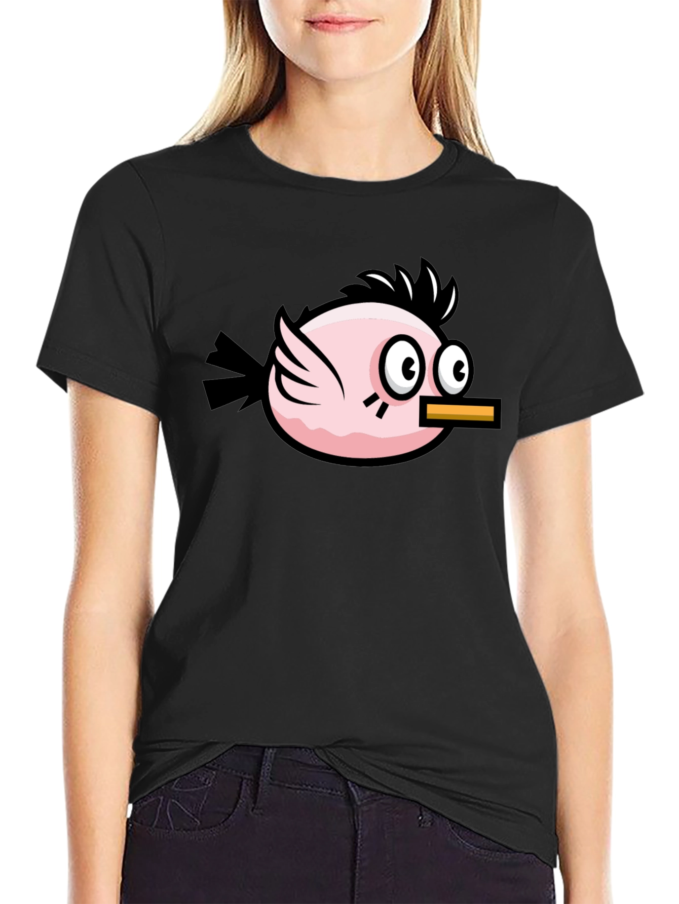Funny Pink Bird Graphic Tee - Black Cotton T-Shirt