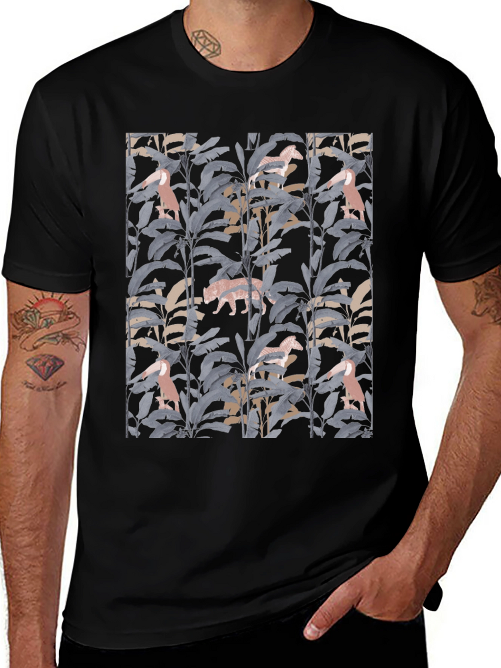 Jungle Print Graphic Tee - Stylish Black T-Shirt