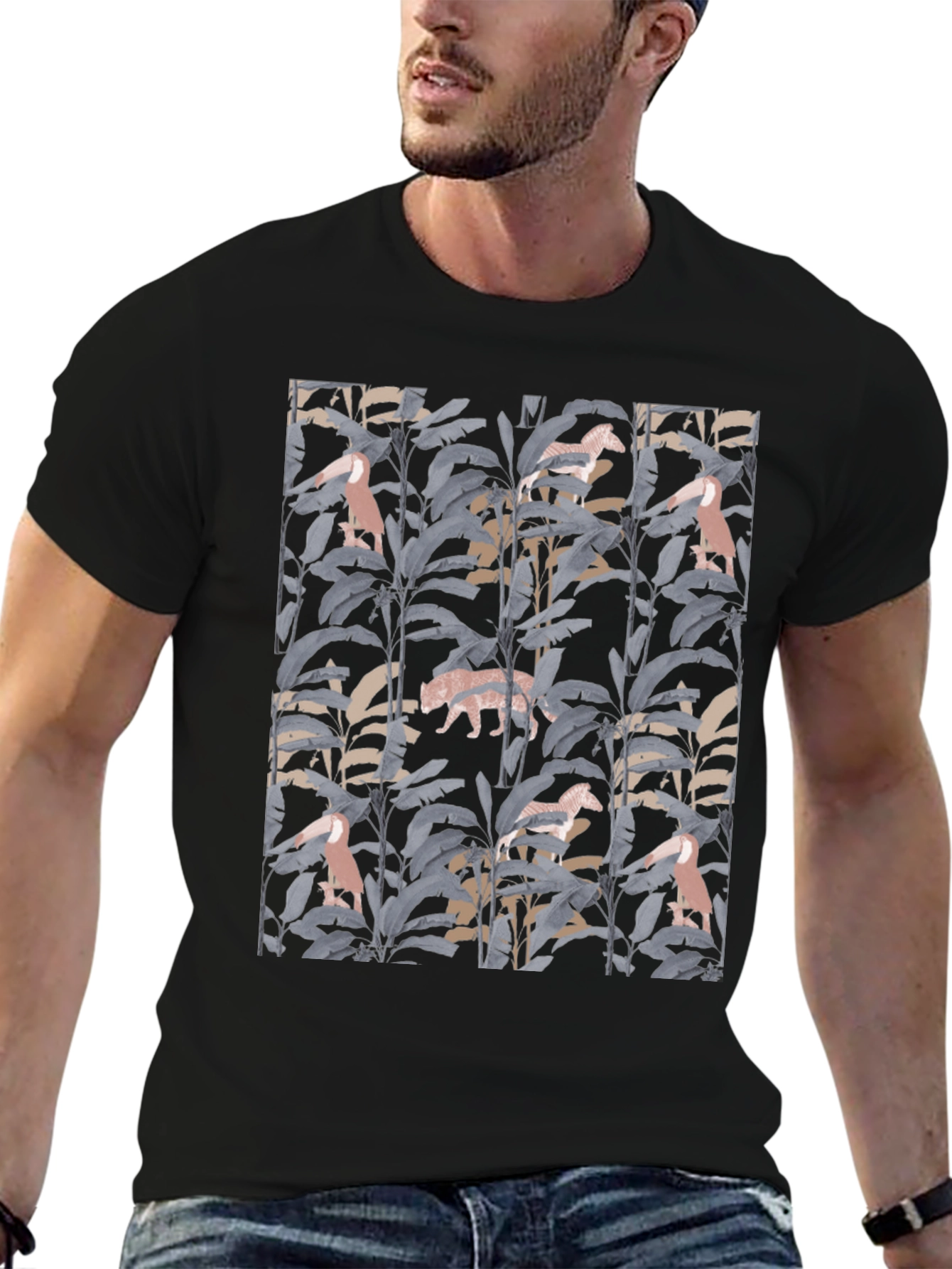 Jungle Print Graphic Tee - Stylish Black T-Shirt