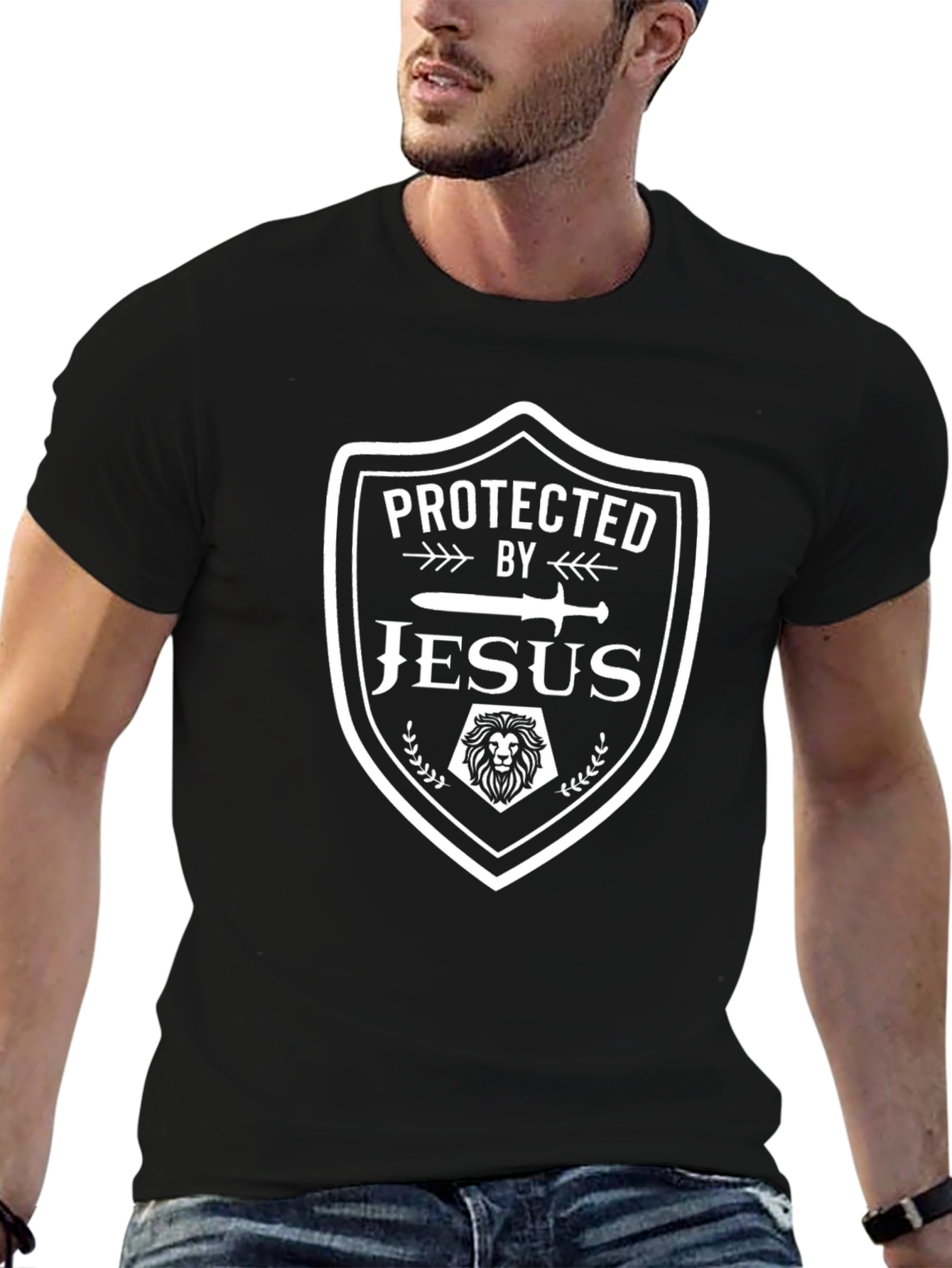 Protected by Jesus Graphic Tee - Shield Design Black T-Shirt