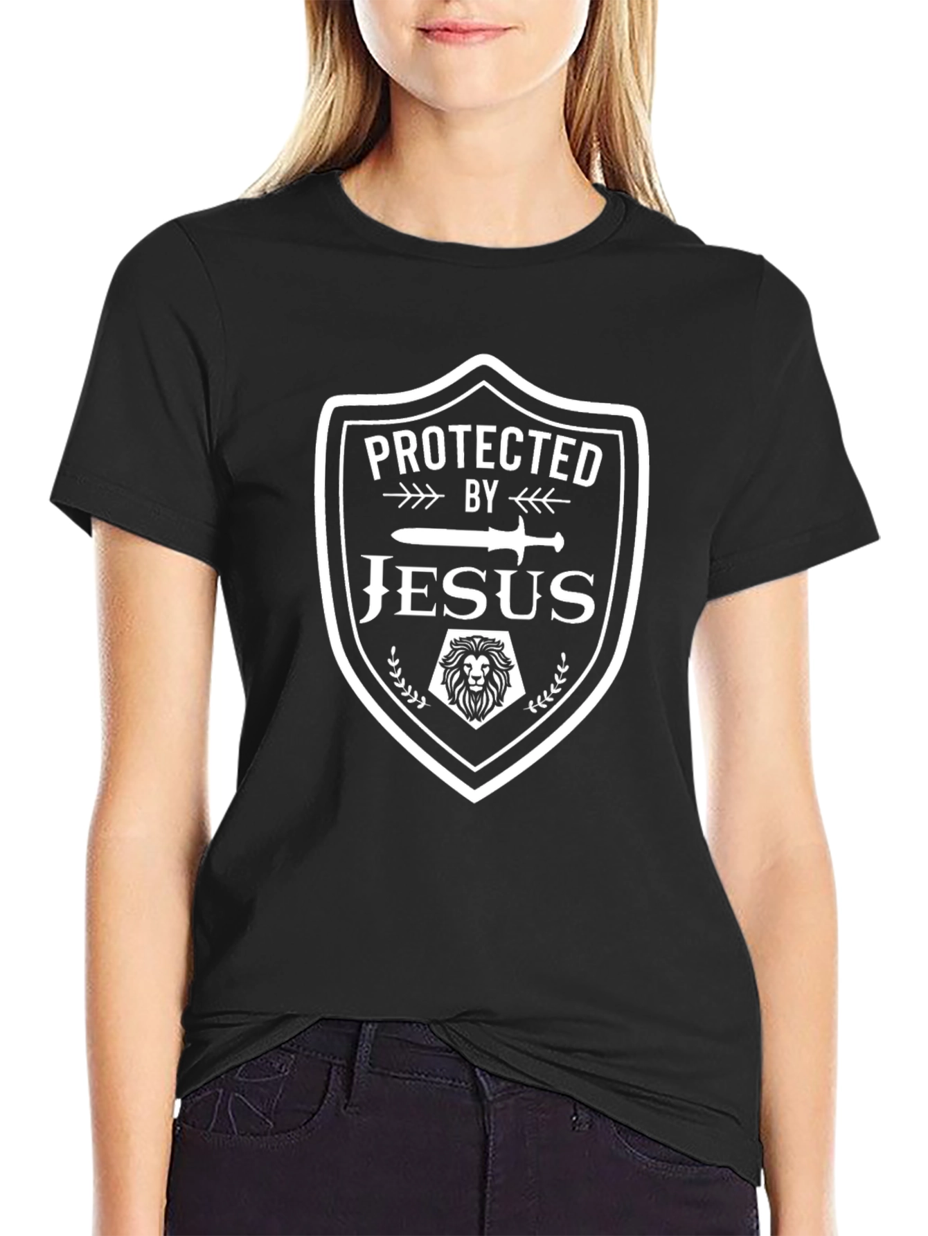 Protected by Jesus Graphic Tee - Shield Design Black T-Shirt