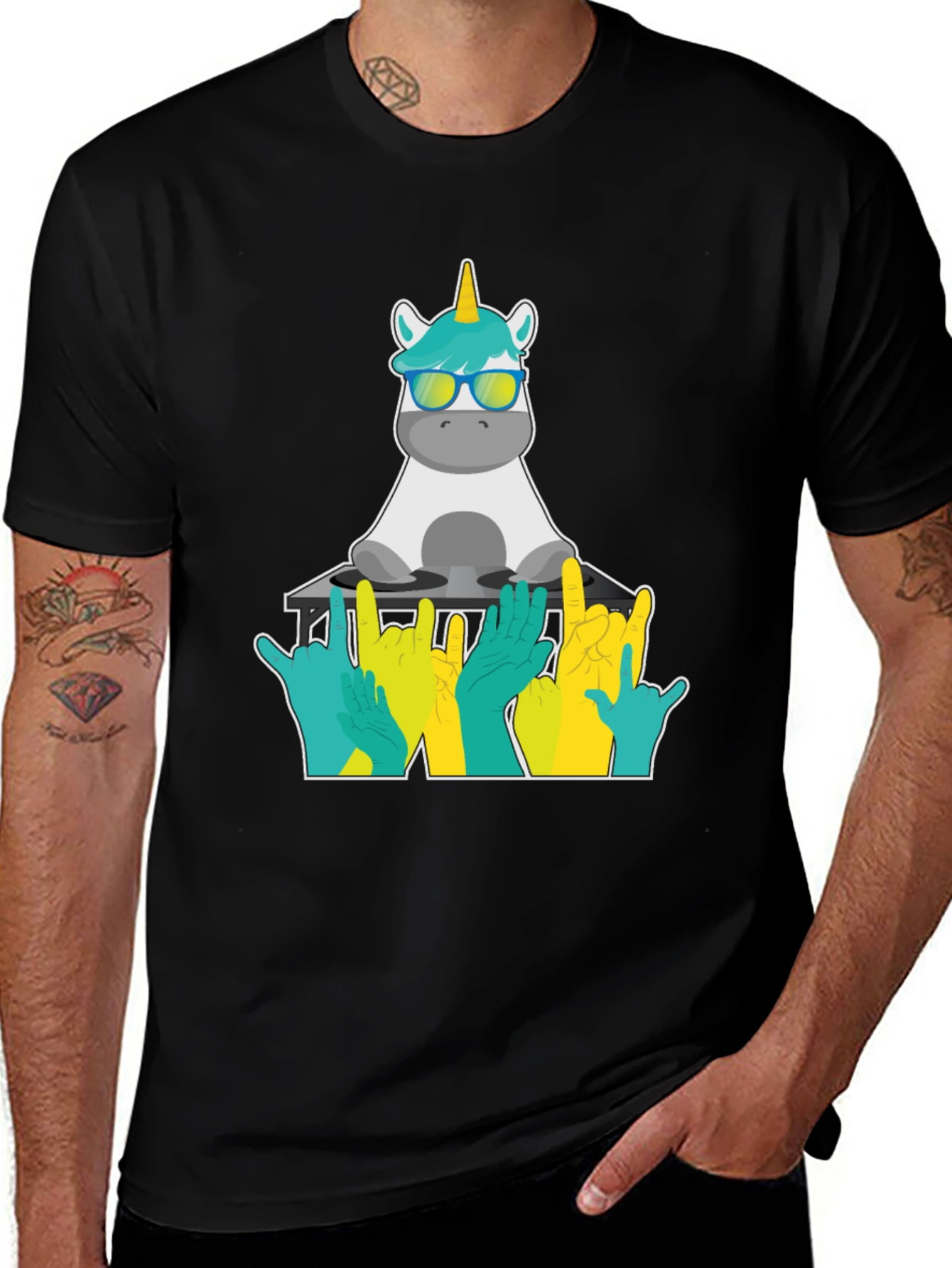 Unicorn DJ Rock On T-Shirt - Black Cotton Tee