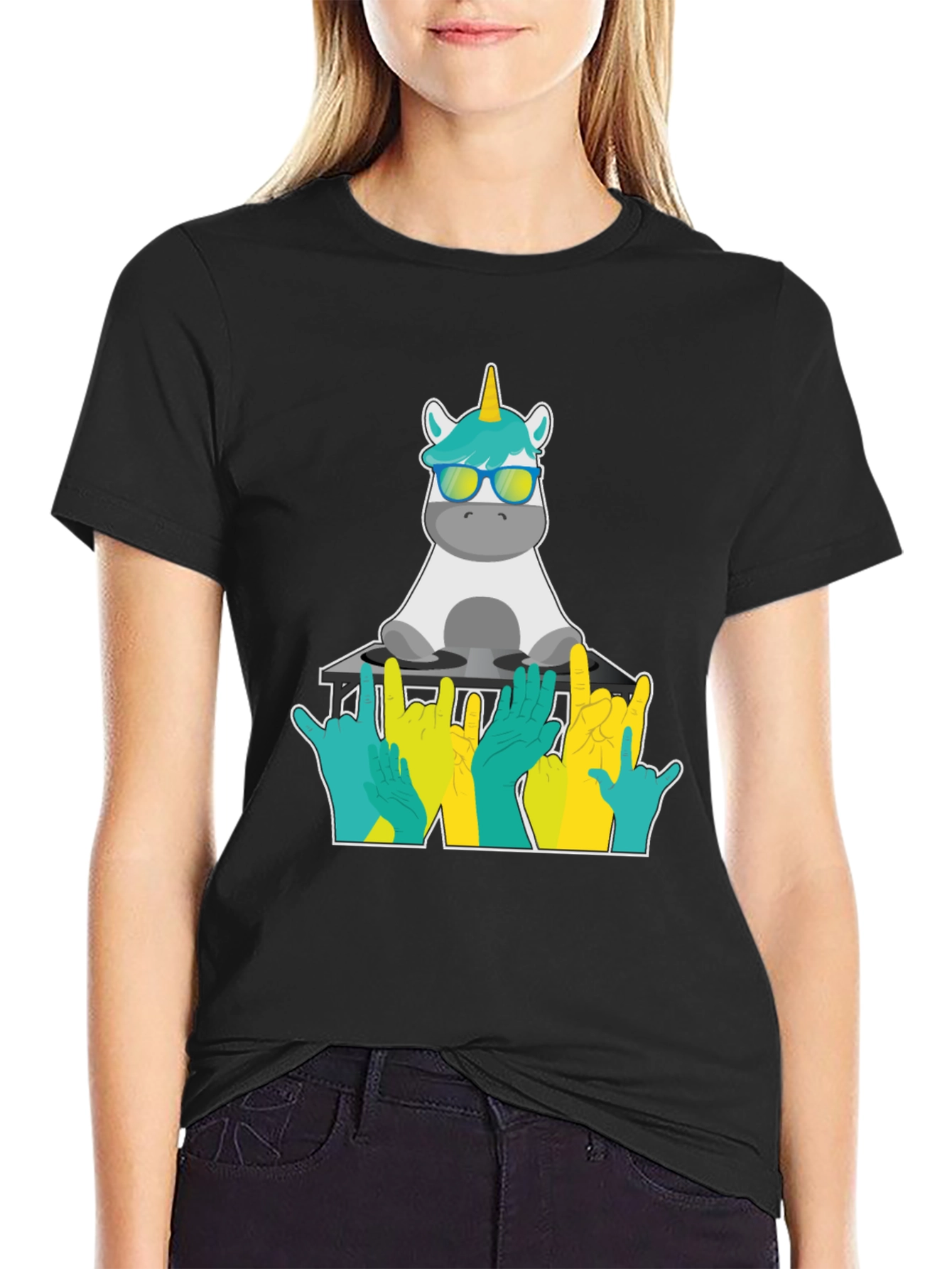 Unicorn DJ Rock On T-Shirt - Black Cotton Tee