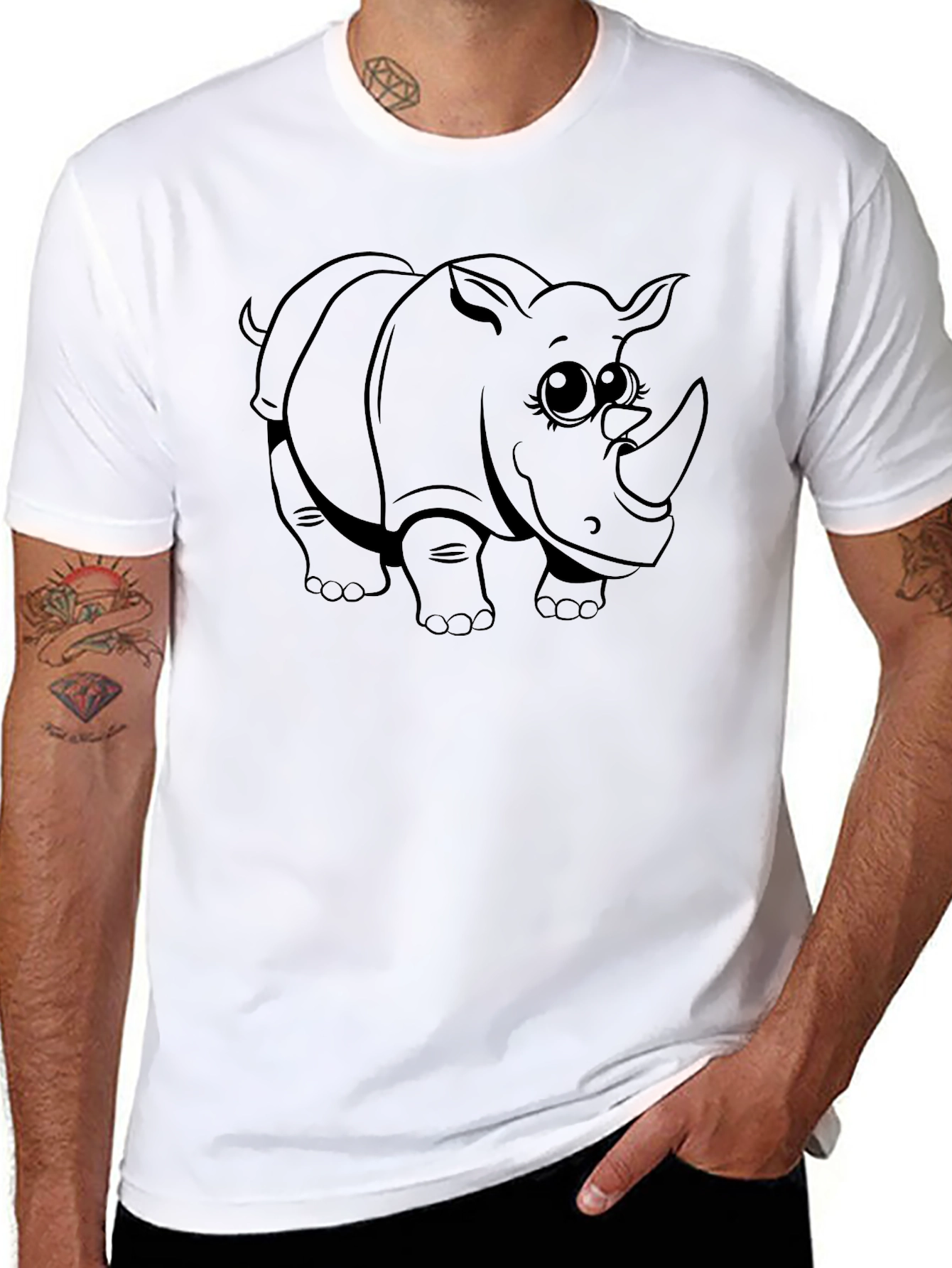 Cute Rhino Graphic Print Black T-Shirt