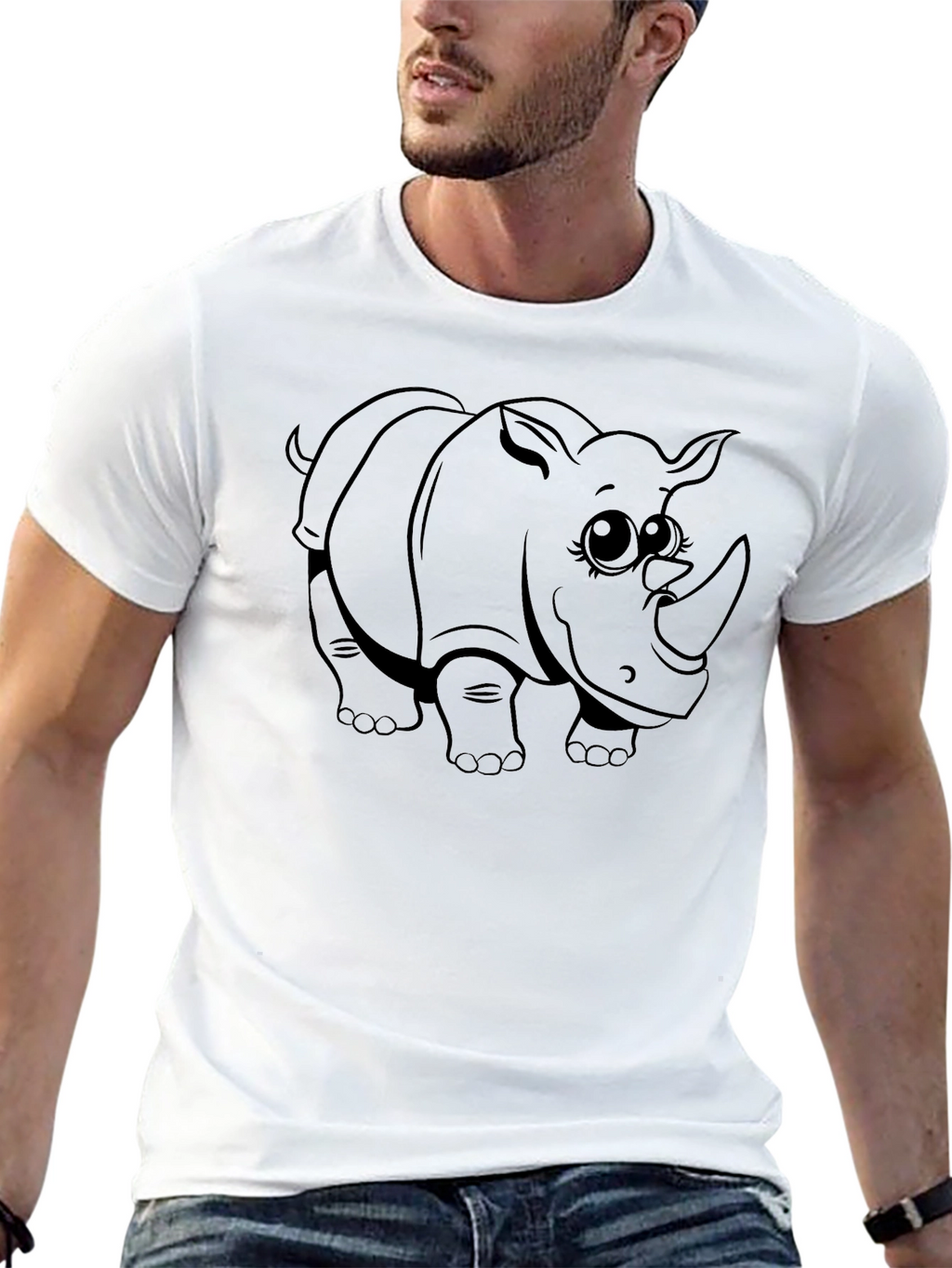 Cute Rhino Graphic Print Black T-Shirt