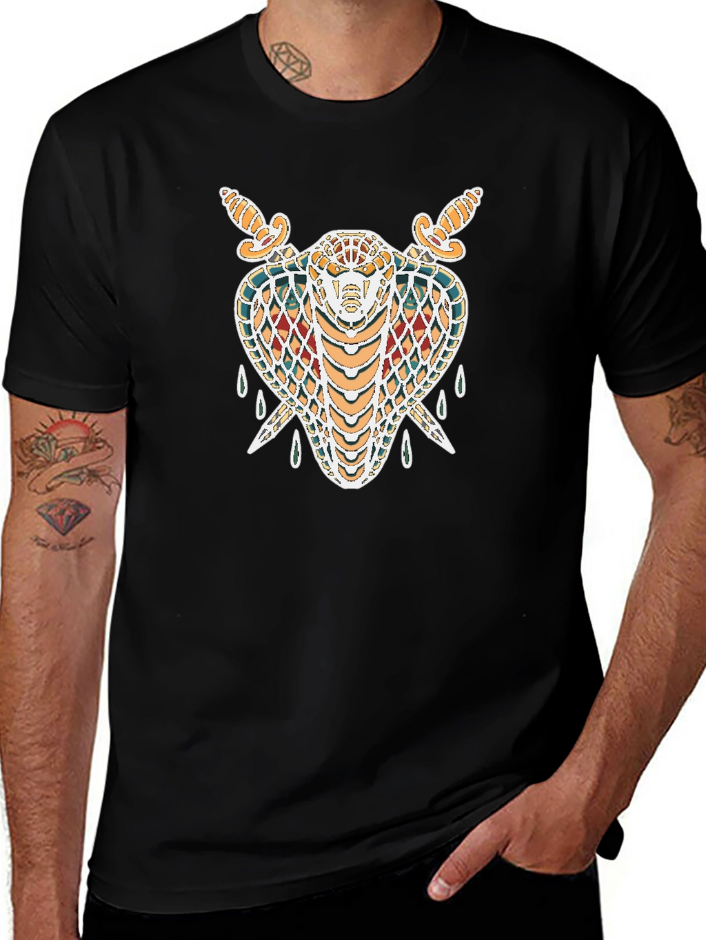 Black T-Shirt with Snake & Swords Graphic