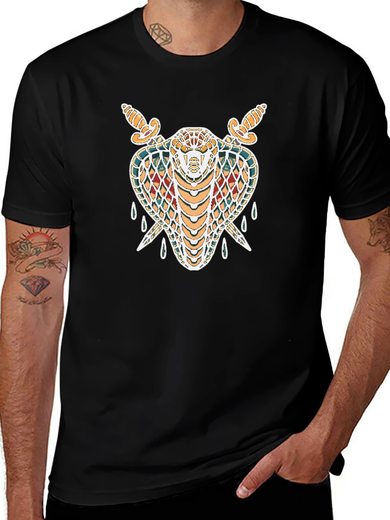 Black T-Shirt with Snake & Swords Graphic