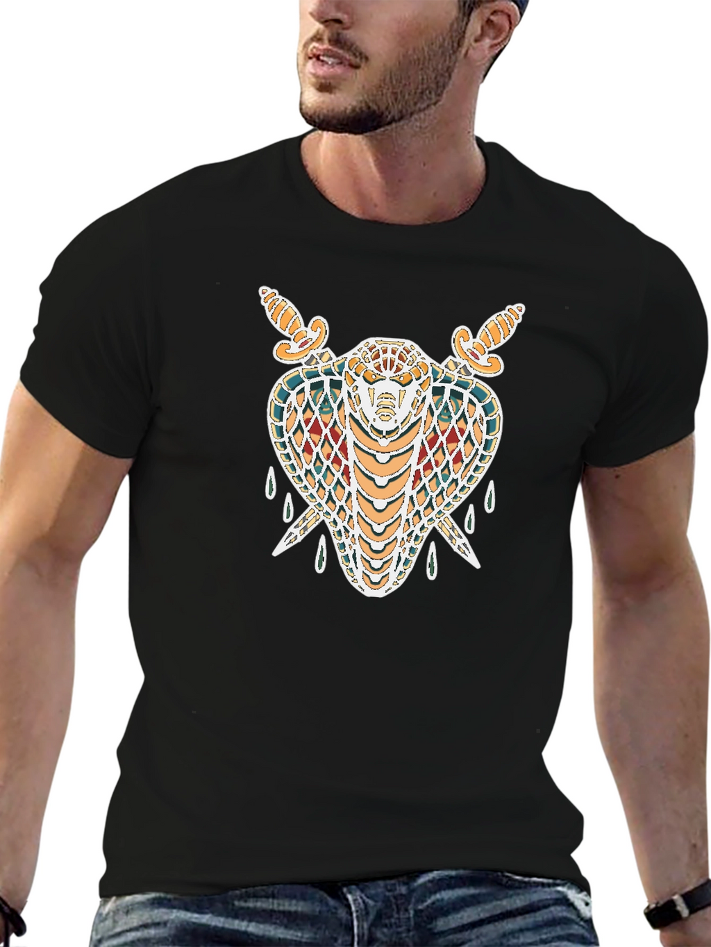 Black T-Shirt with Snake & Swords Graphic